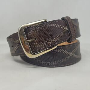 Vintage Dun Dee Belt 34 Brown Lizard Leather Western Zigzag Stitch Cowboy Rodeo